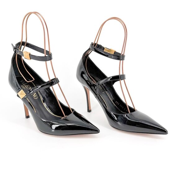 Valentino Garavani Roman Stud Tiptoe Pumps Size 37.5 US 7.5 Black Mary Jane - Picture 1 of 14
